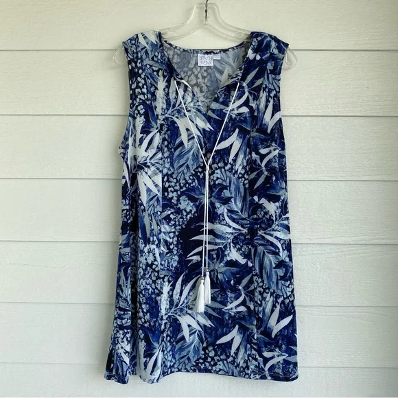 Beach Break Summer Tropical Dress Size Large Navy Blue White Cream Swim Cover-Up - Picture 1 of 11